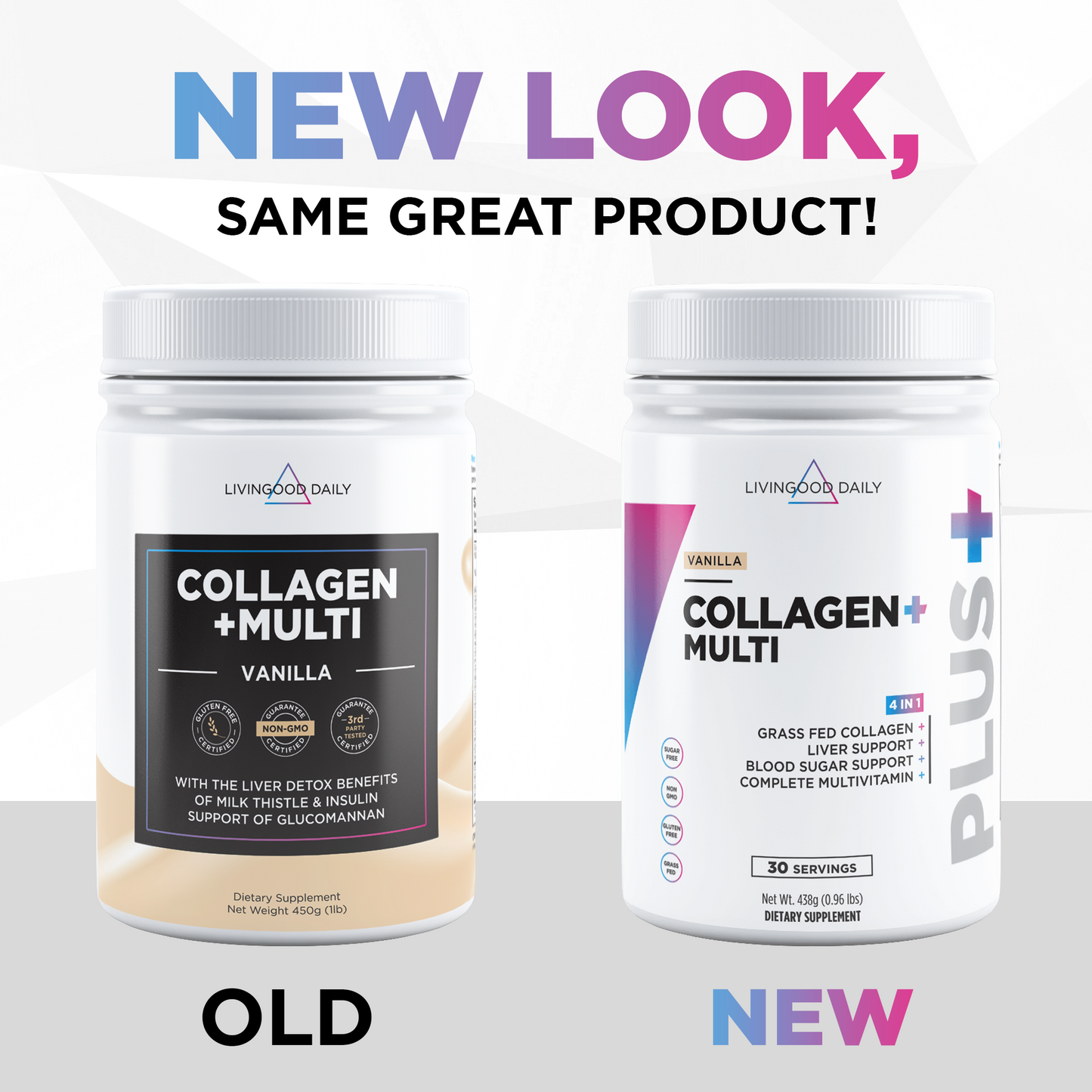 Collagen supplement packaging comparison, old versus new design, dietary supplement bottles with brand and product details.