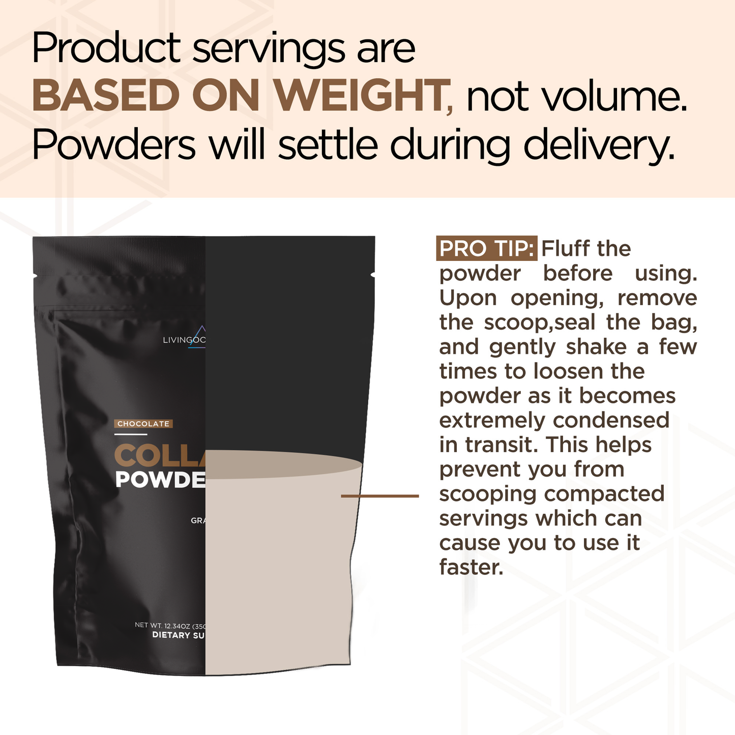 chocolate collagen powder packaging with usage instructions