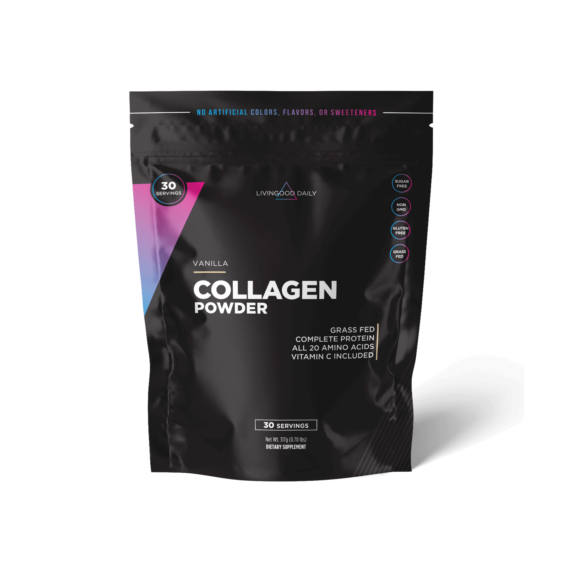 Vanilla collagen powder dietary supplement packaging 30 servings grass fed no artificial colors flavors sweeteners