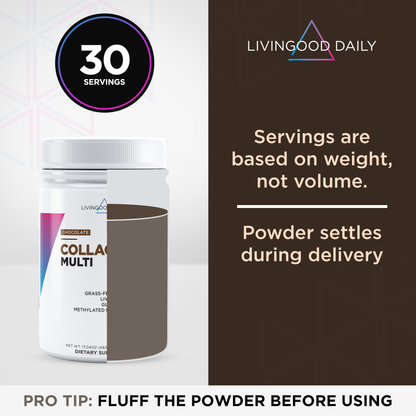 Livingood Daily Collagen Multi Chocolate Flavor Dietary Supplement Product Information and Usage Tip