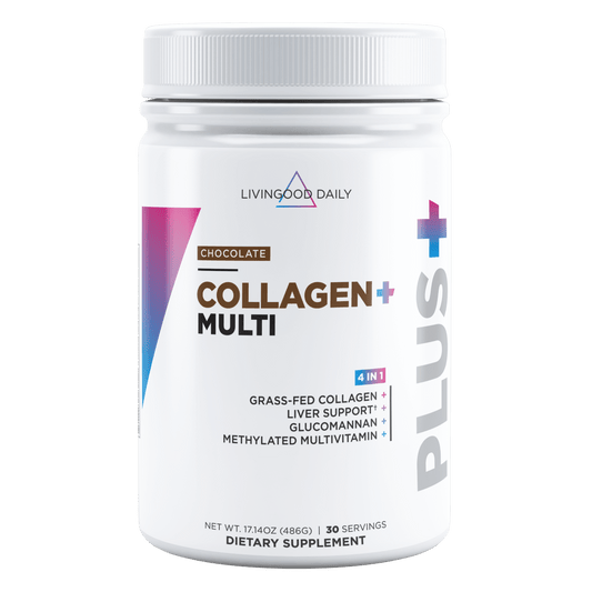 Front of dietary supplement Chocolate Collagen plus Multi with 4 in 1 benefits and 30 servings