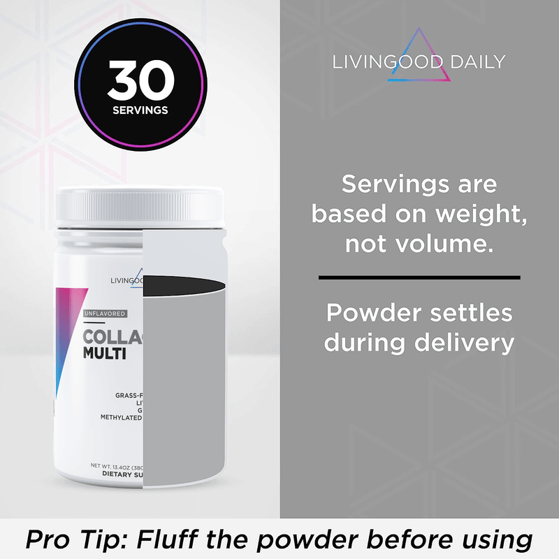 LivingGood Daily Collagen Multi supplement powder bottle with tips on usage and serving size information