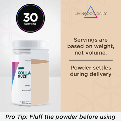 LivingGood Daily Vanilla Colla Multi collagen supplement powder bottle with note on powder settling during delivery and fluffing tip