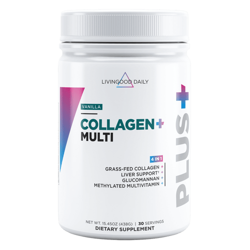 LivingGood Daily Collagen Multi Plus dietary supplement vanilla flavor grass-fed liver support glucomannan methylated multivitamin jar