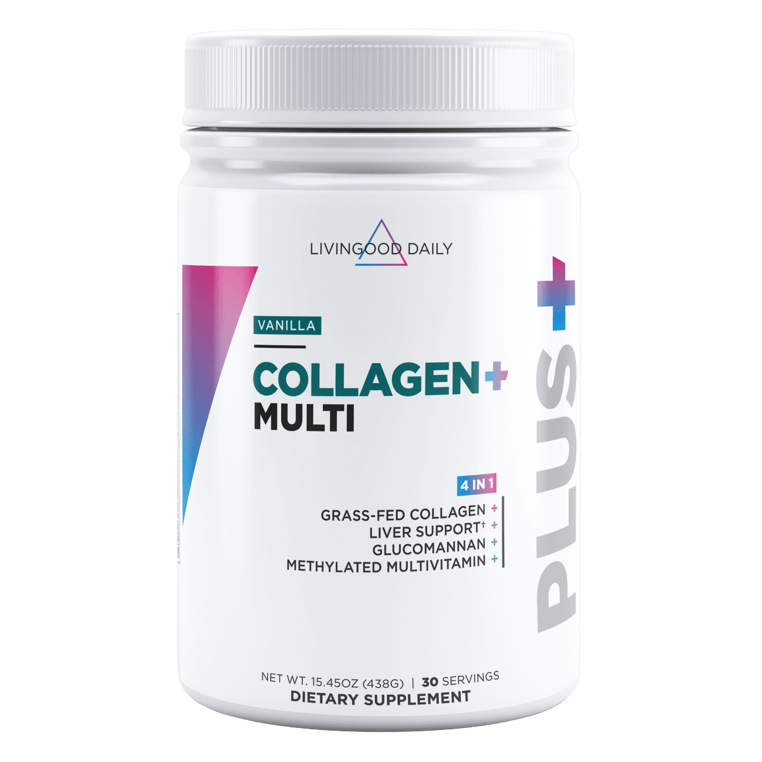 Front of dietary supplement Vanilla Collagen plus Multi with 4 in 1 benefits and 30 servings