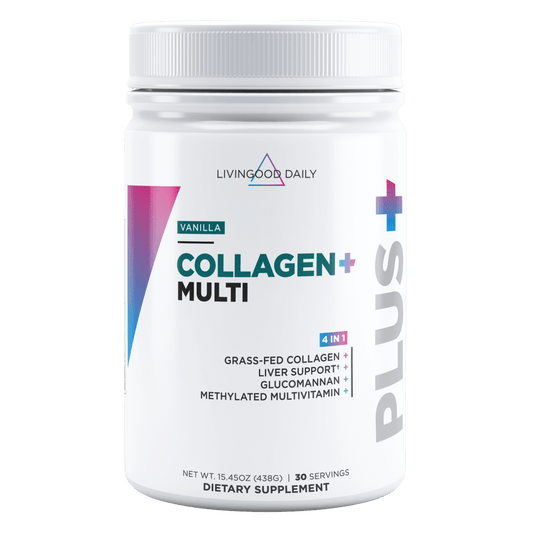 Front of dietary supplement Vanilla Collagen plus Multi with 4 in 1 benefits and 30 servings