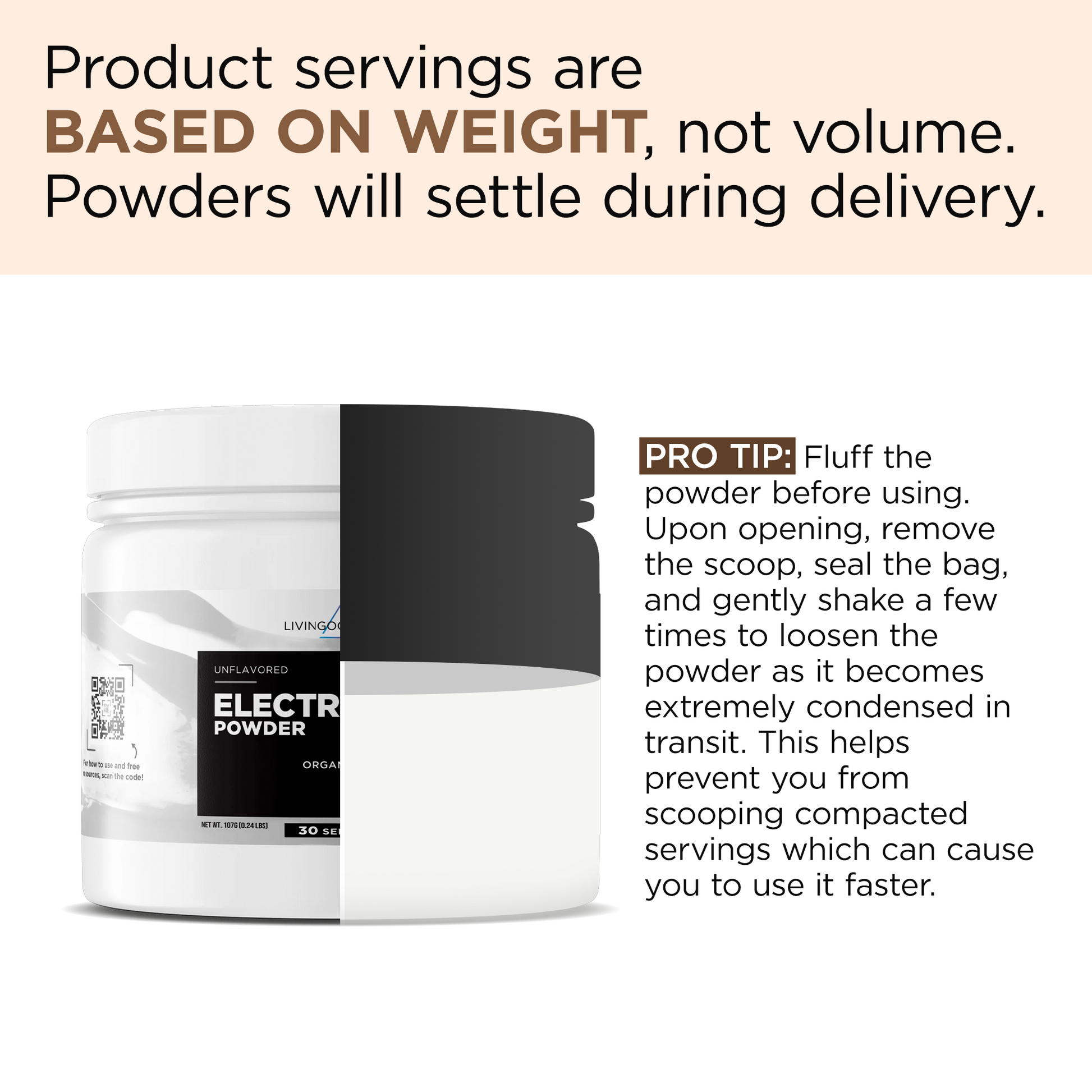 Electrolyte powder container with usage tip text.