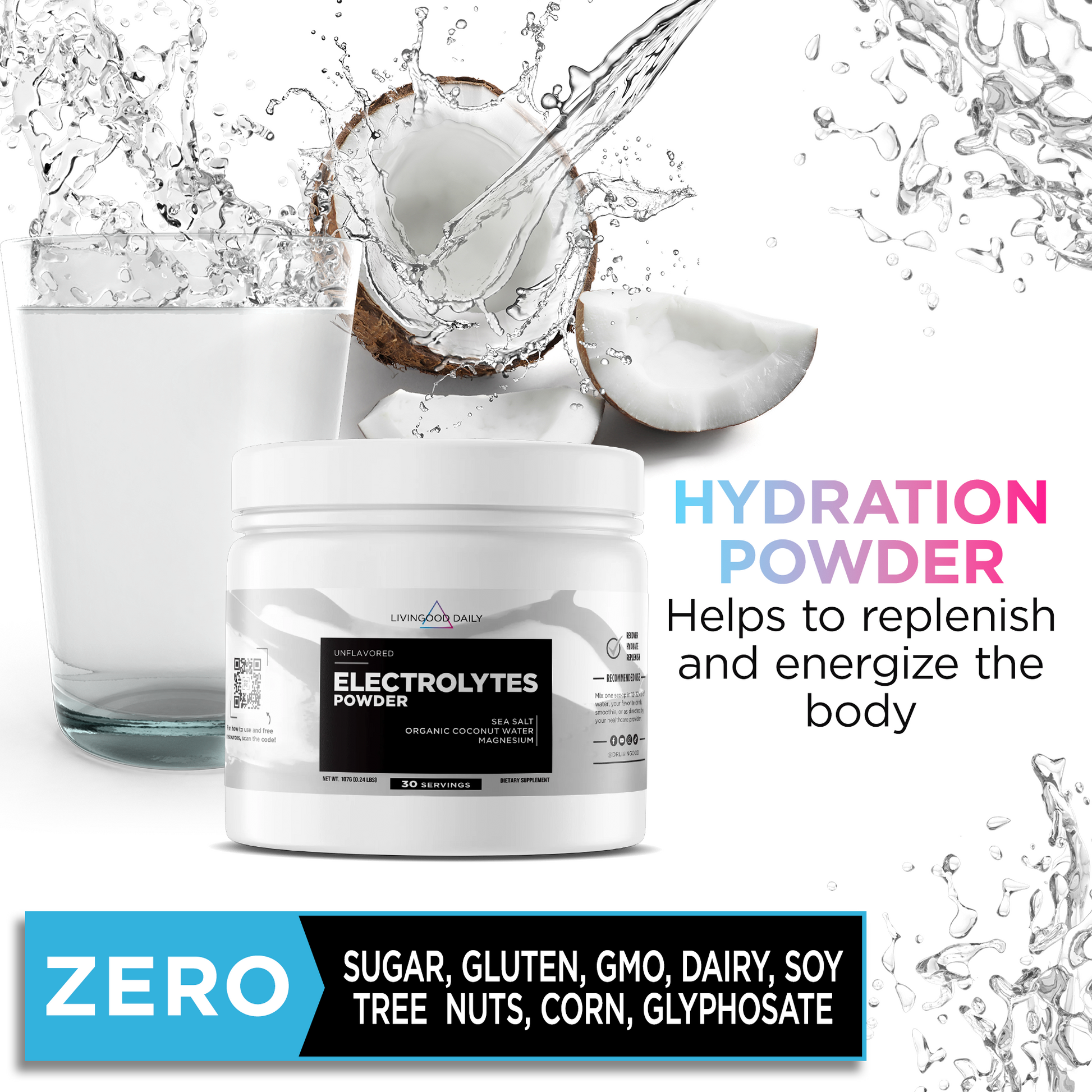 hydration powder electrolytes supplement coconut water splash glass healthy lifestyle