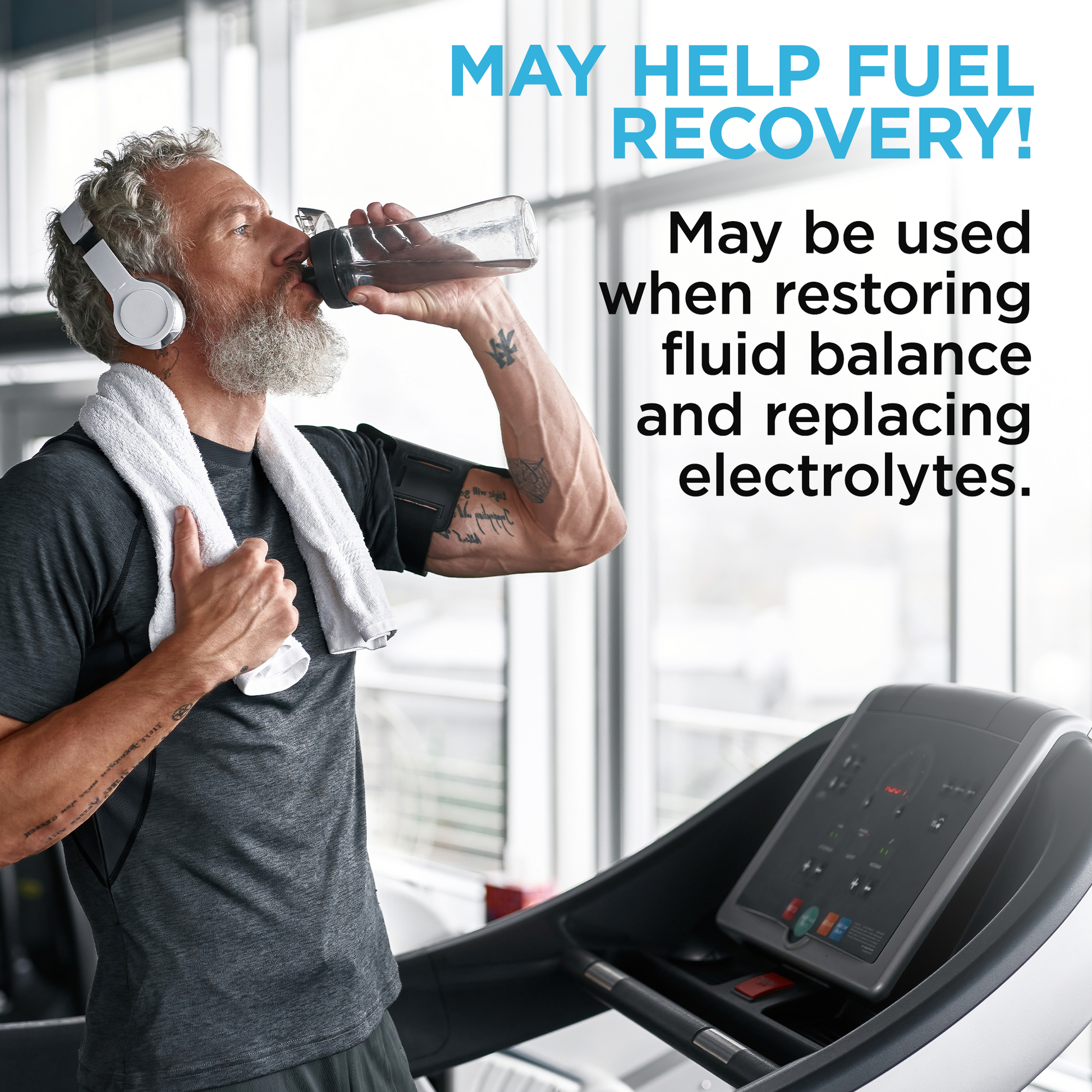 Man drinking water after workout, treadmill exercise, gym recovery hydration