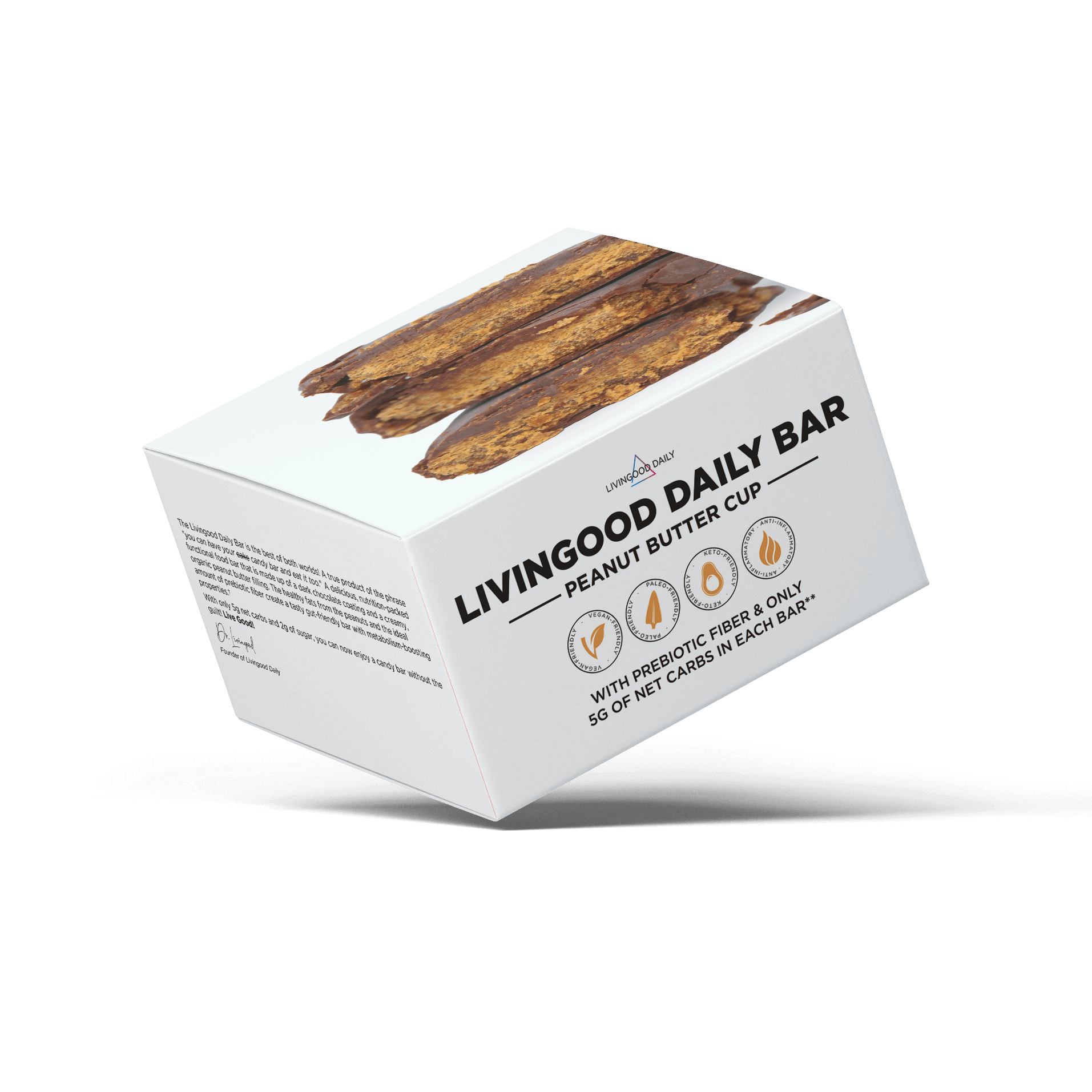 Livingood Daily Bar peanut butter cup with prebiotic fiber packaging.