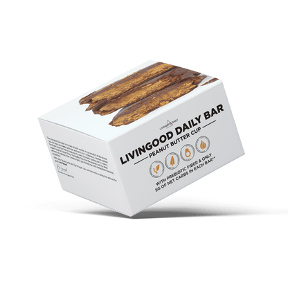 Livingood Daily Bar peanut butter cup with prebiotic fiber packaging.