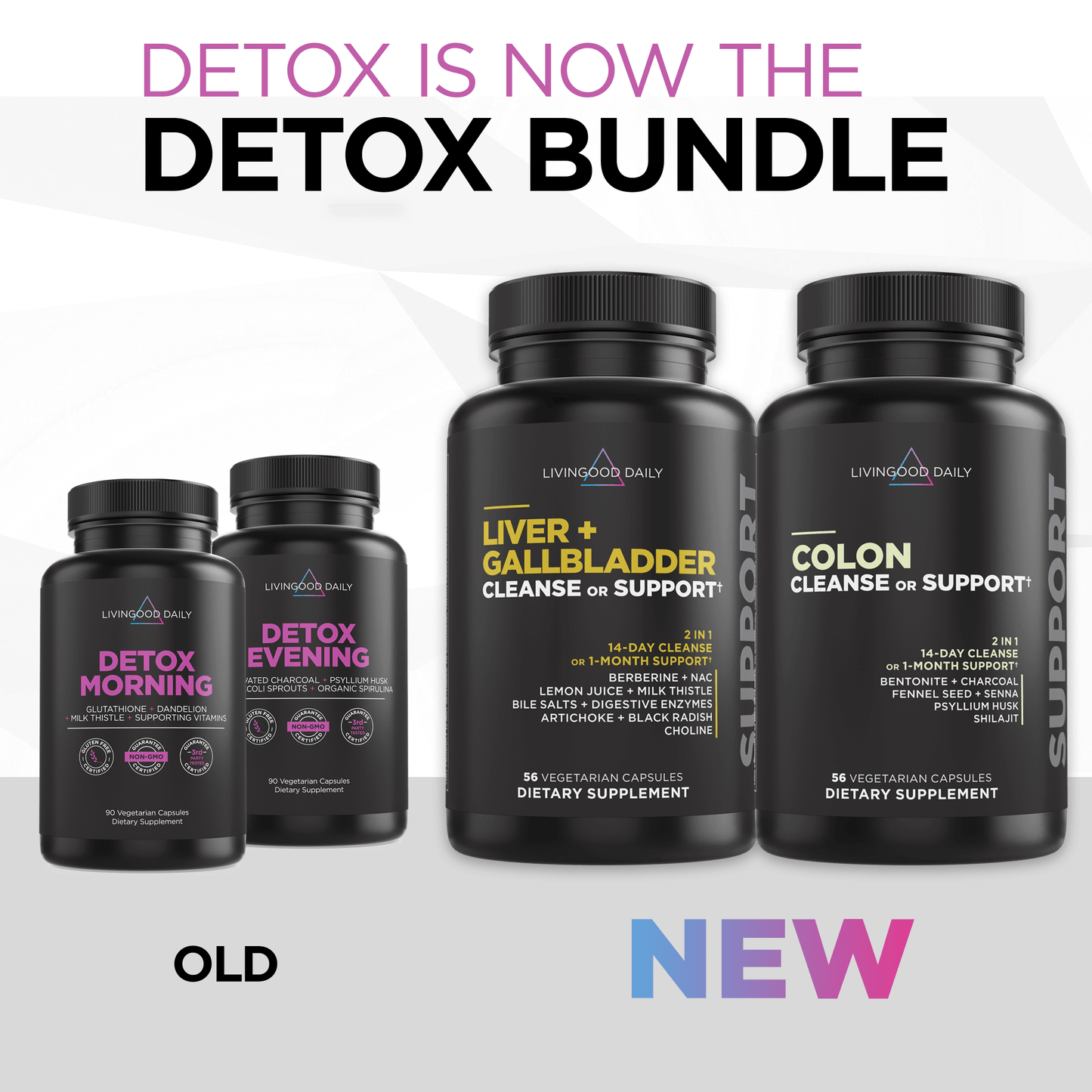 Detox supplement bottles, Liver and Gallbladder cleanse, Colon cleanse support, dietary supplements bundle offer