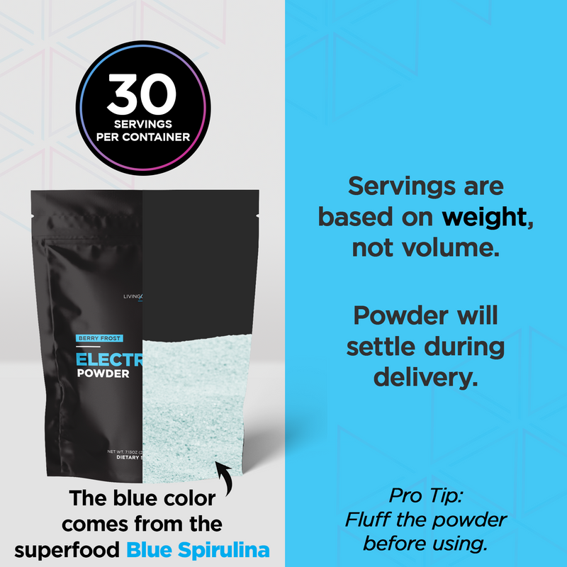 Electrolyte Powder Supplement, Berry Frost Flavor, Blue Spirulina, 30 Servings Package, Settling Disclaimer, Usage Tip