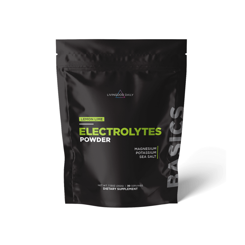 Black electrolytes powder pouch with lemon lime flavor by Livingood Daily