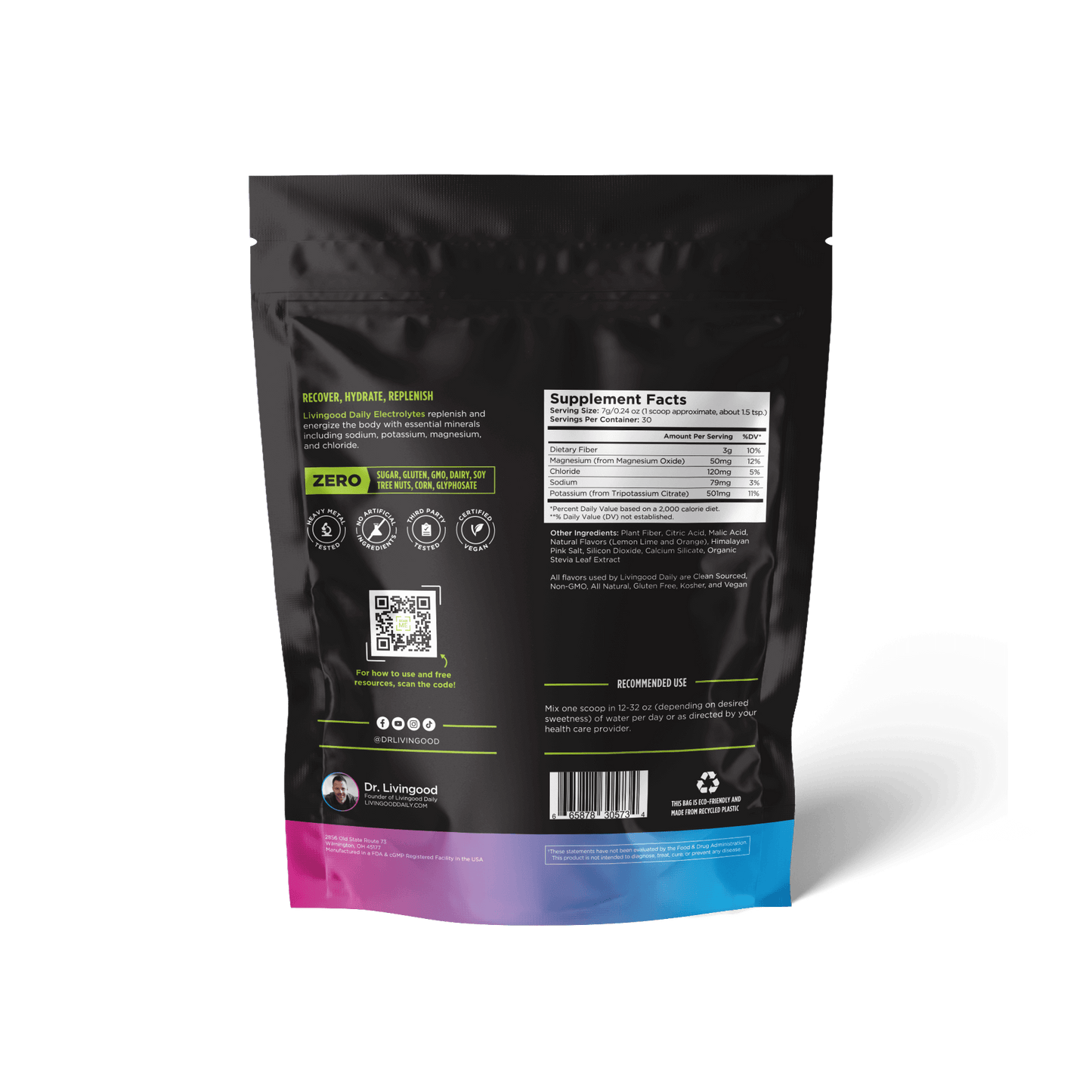 Black electrolyte supplement bag with nutrition facts and QR code