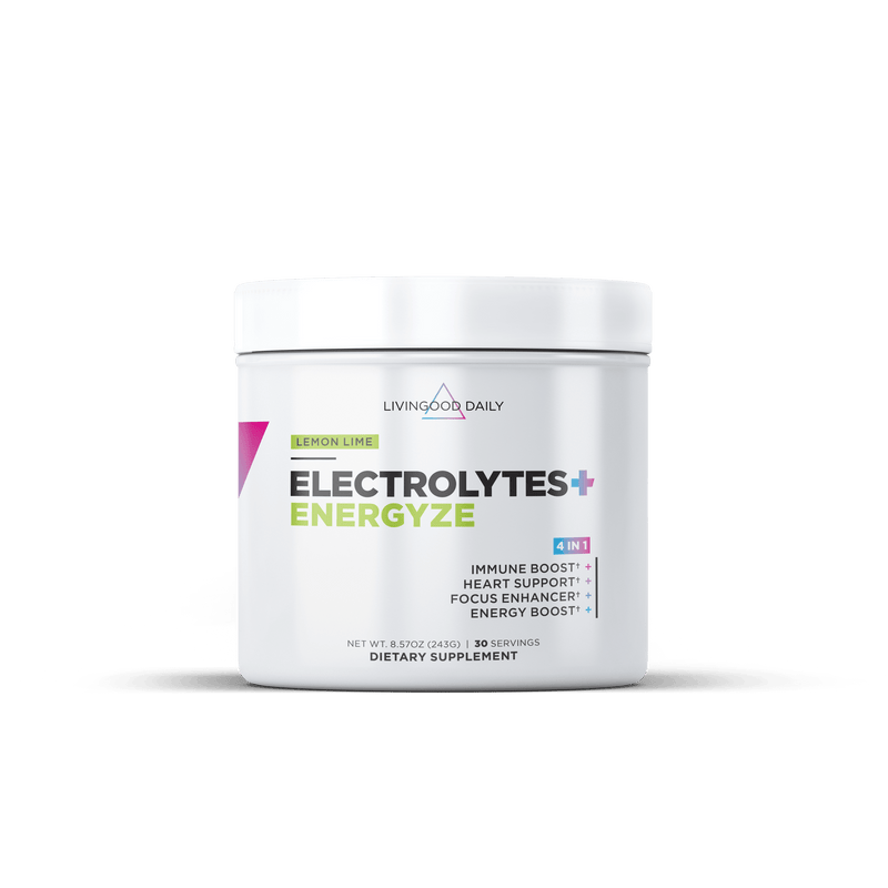 LivingGood Daily Electrolytes+ Energyze Lemon Lime flavor dietary supplement jar