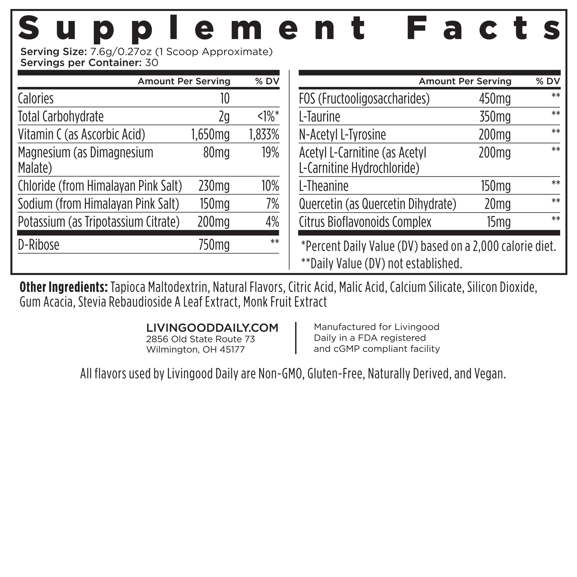 Nutritional supplement facts label with ingredients and daily values.