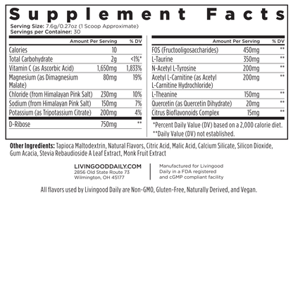 Nutritional supplement facts label with ingredients and daily values.