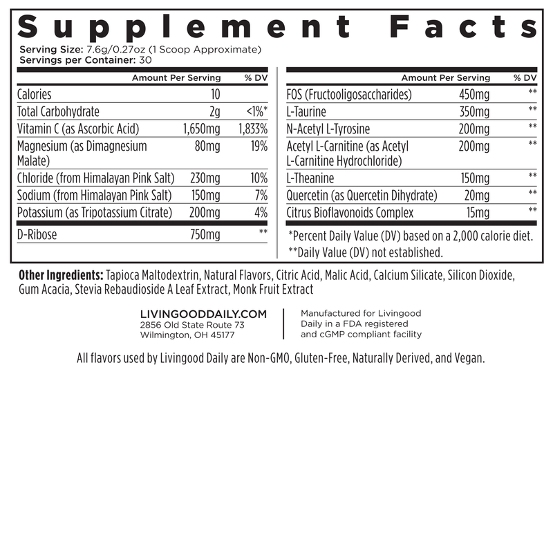 Nutritional supplement facts label with ingredients and daily values.