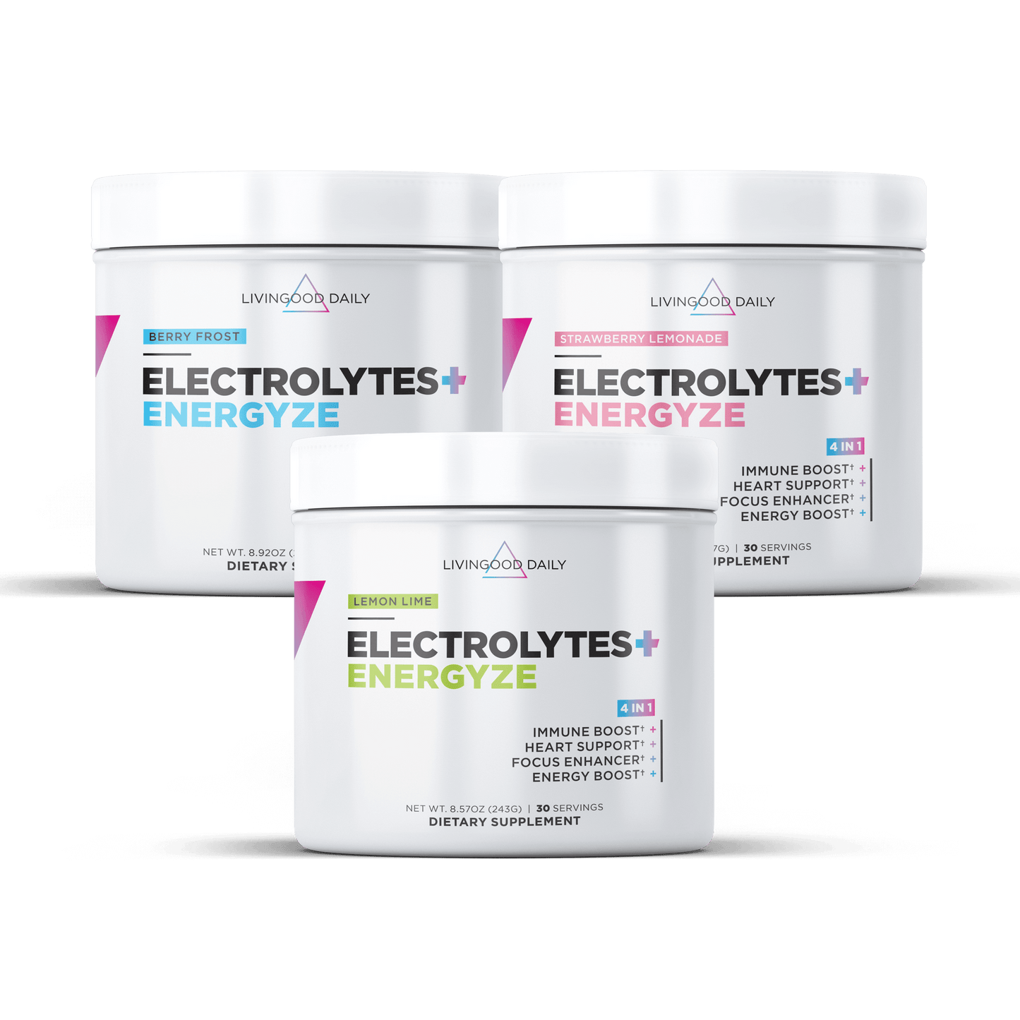 "Livingood Daily Electrolytes Energize Dietary Supplement Containers in Berry Frost, Strawberry Lemonade, and Lemon Lime flavors"