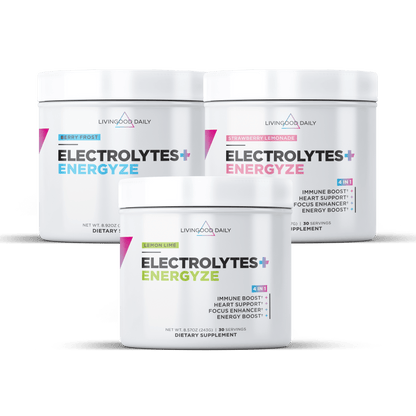 "Livingood Daily Electrolytes Energize Dietary Supplement Containers in Berry Frost, Strawberry Lemonade, and Lemon Lime flavors"