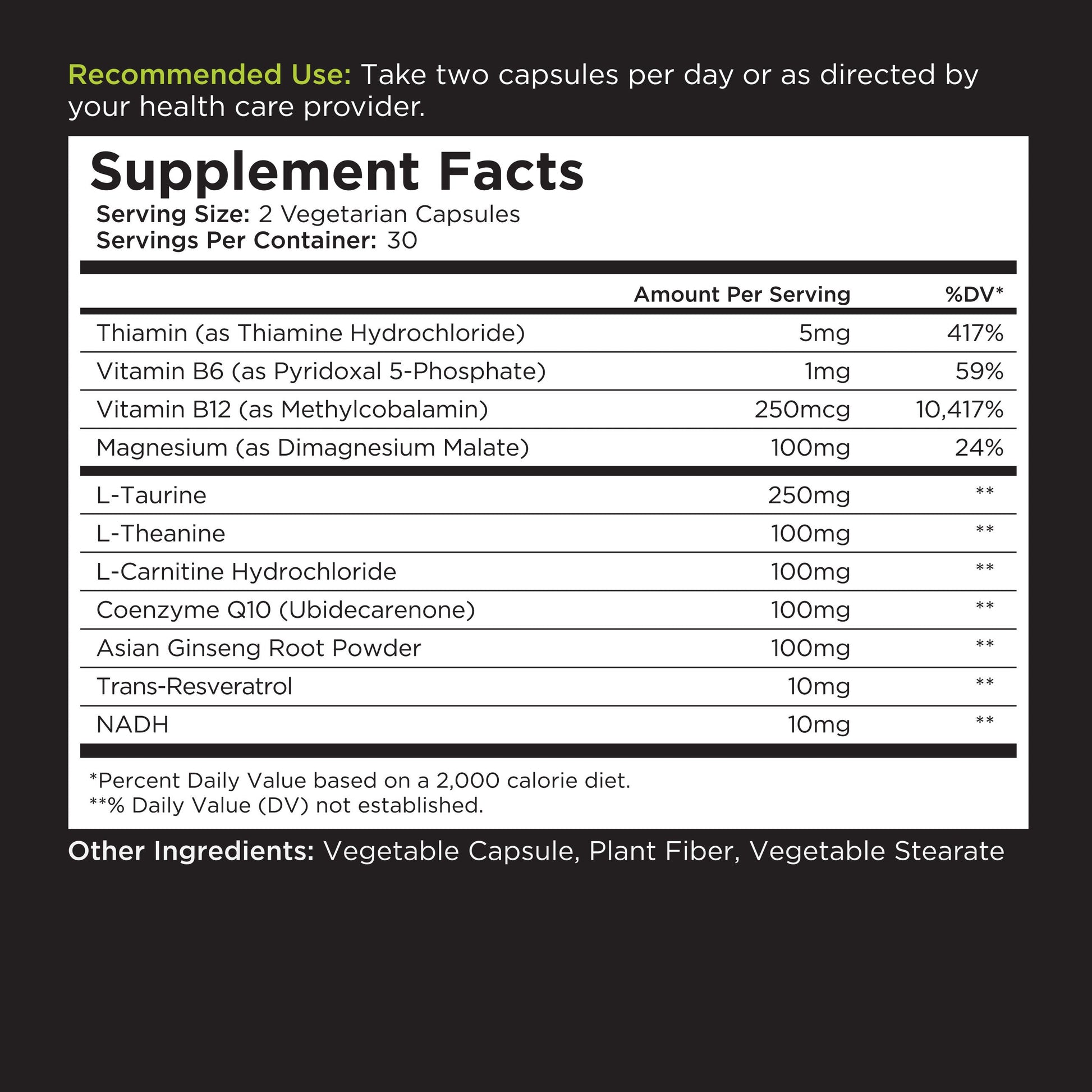 Supplement facts label showing daily values and ingredients for vegetarian capsules