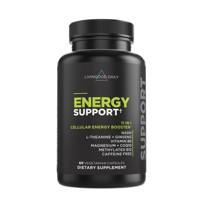 Livingood Daily Energy Support supplement bottle with ingredients label