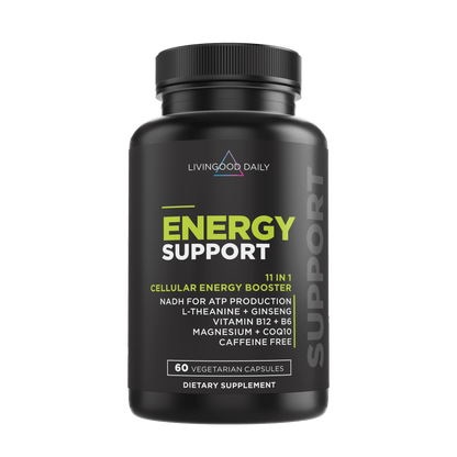 LivingGood Daily Energy Support dietary supplement bottle with vegetarian capsules