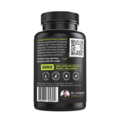 Livingood Daily Energy Support supplement bottle with ingredients and certifications