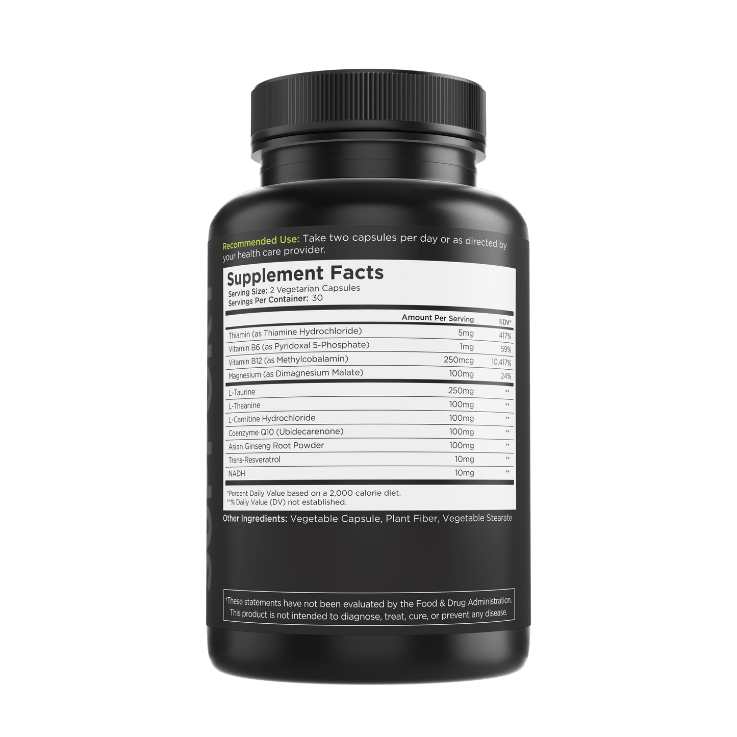 Supplement facts label on black dietary supplement bottle showing ingredients and recommended use.