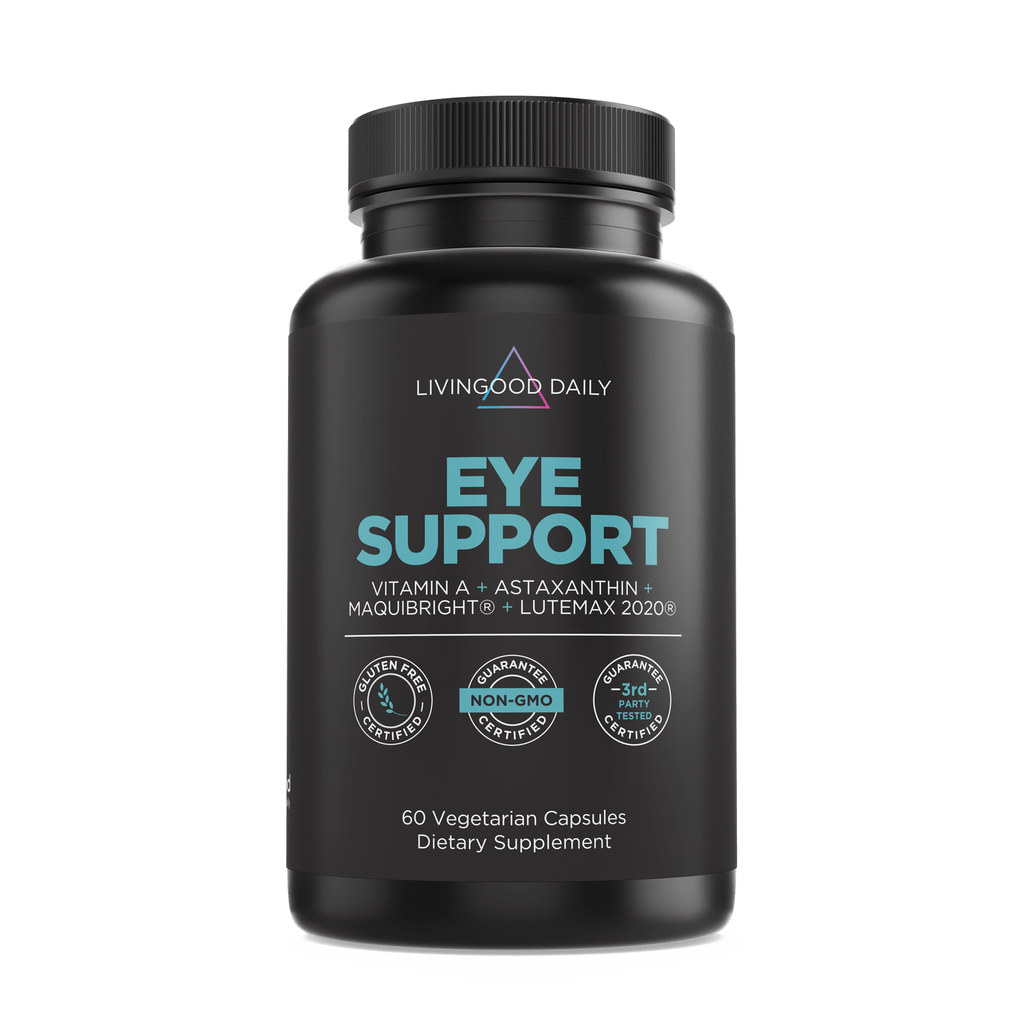 Living Good Daily Eye Support supplement bottle with Vitamin A, Astaxanthin, MaquiBright, Lutemax, gluten-free, non-GMO, 60 vegetarian capsules