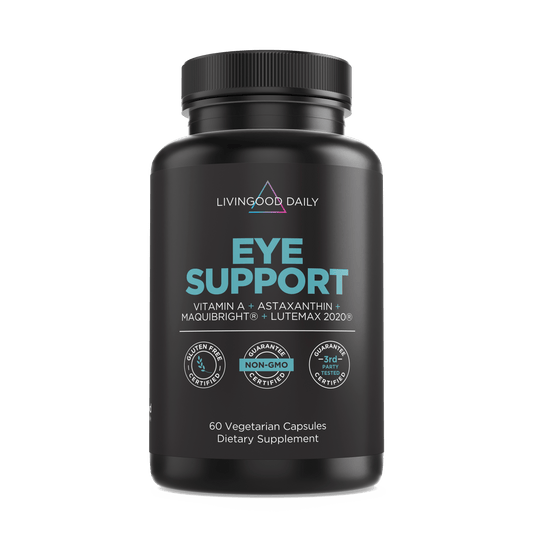 Living Good Daily Eye Support supplement bottle with Vitamin A, Astaxanthin, MaquiBright, Lutemax, gluten-free, non-GMO, 60 vegetarian capsules