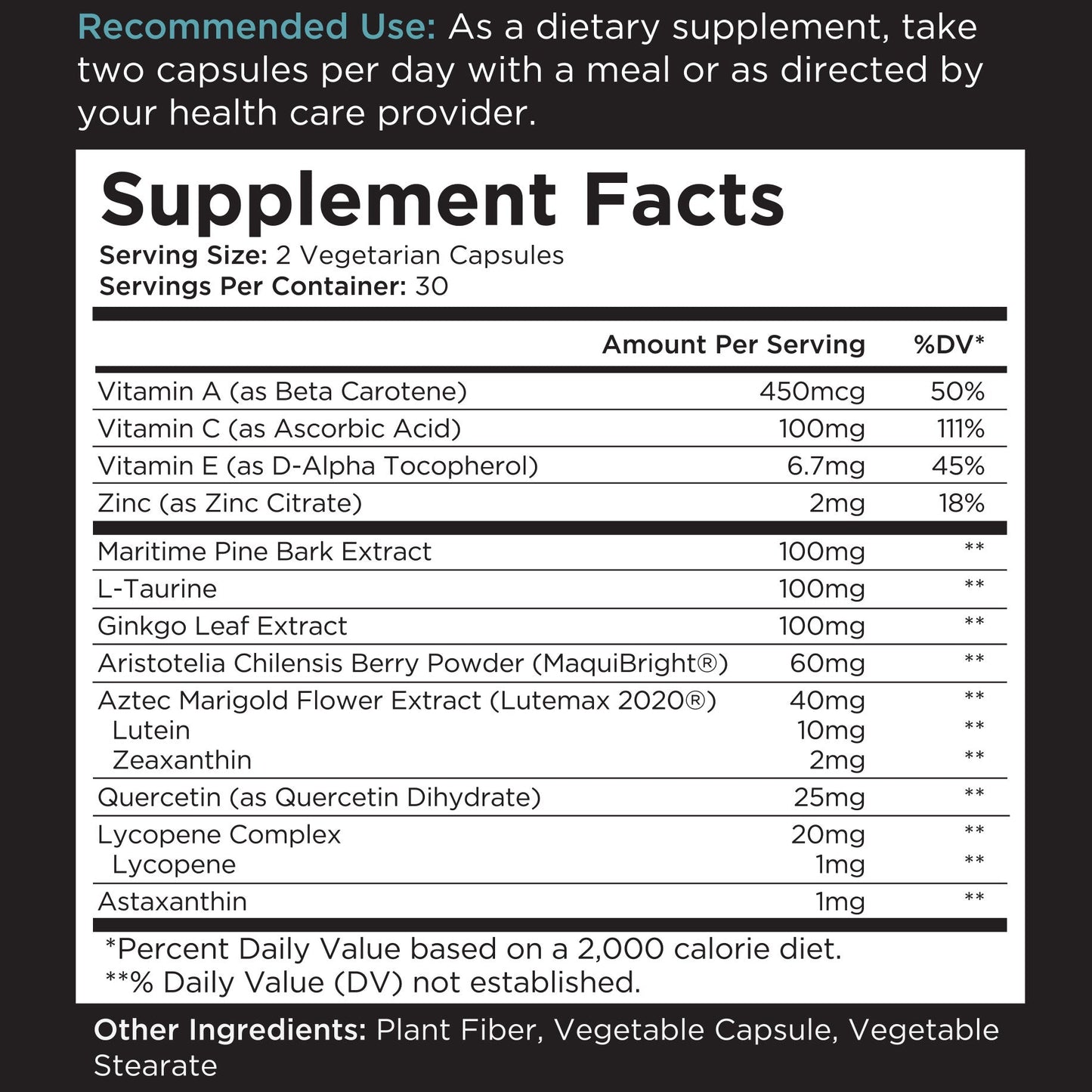 Supplement facts label showing recommended use, serving size, servings per container, nutritional ingredients, daily values, and other product ingredients.