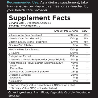 Supplement facts label showing recommended use, serving size, servings per container, nutritional ingredients, daily values, and other product ingredients.