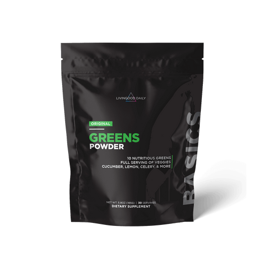 Original Greens Powder dietary supplement packaging with nutritious greens including cucumber, lemon, celery