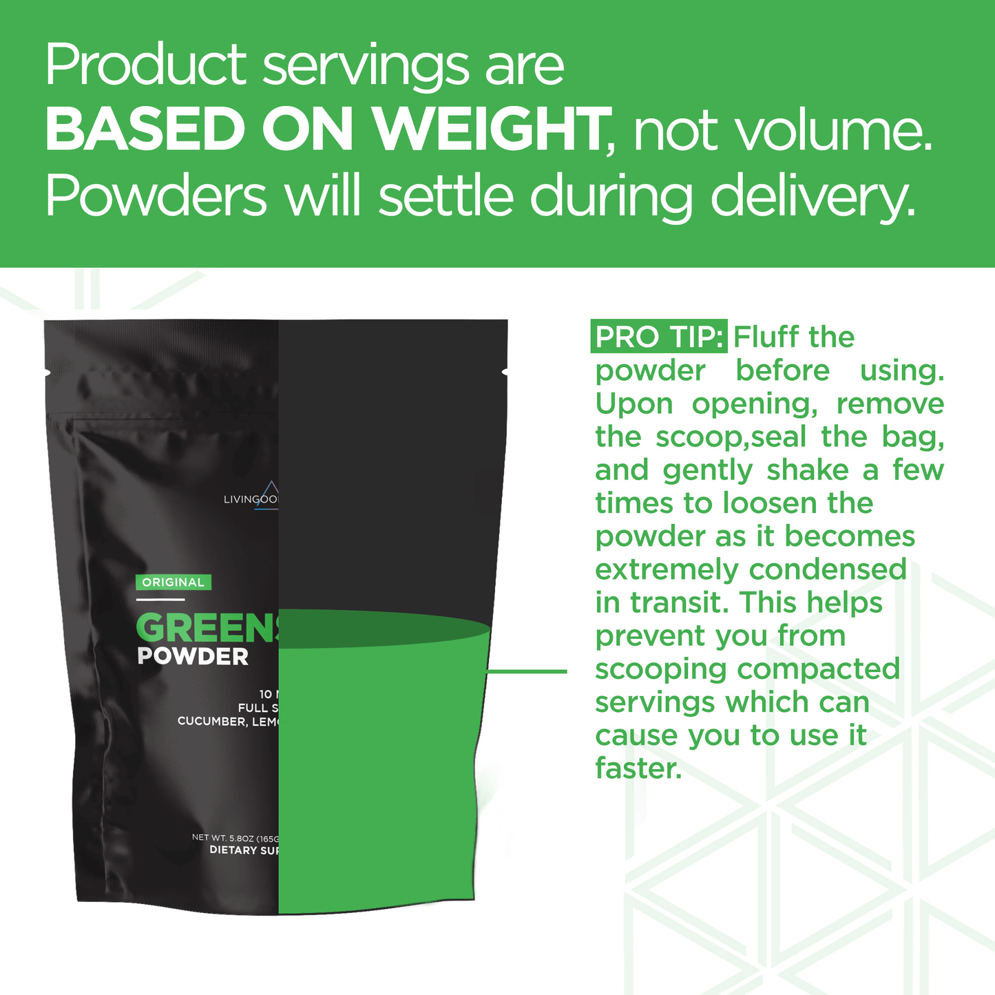 Green powder dietary supplement packaging with weight-based serving instructions and usage tip