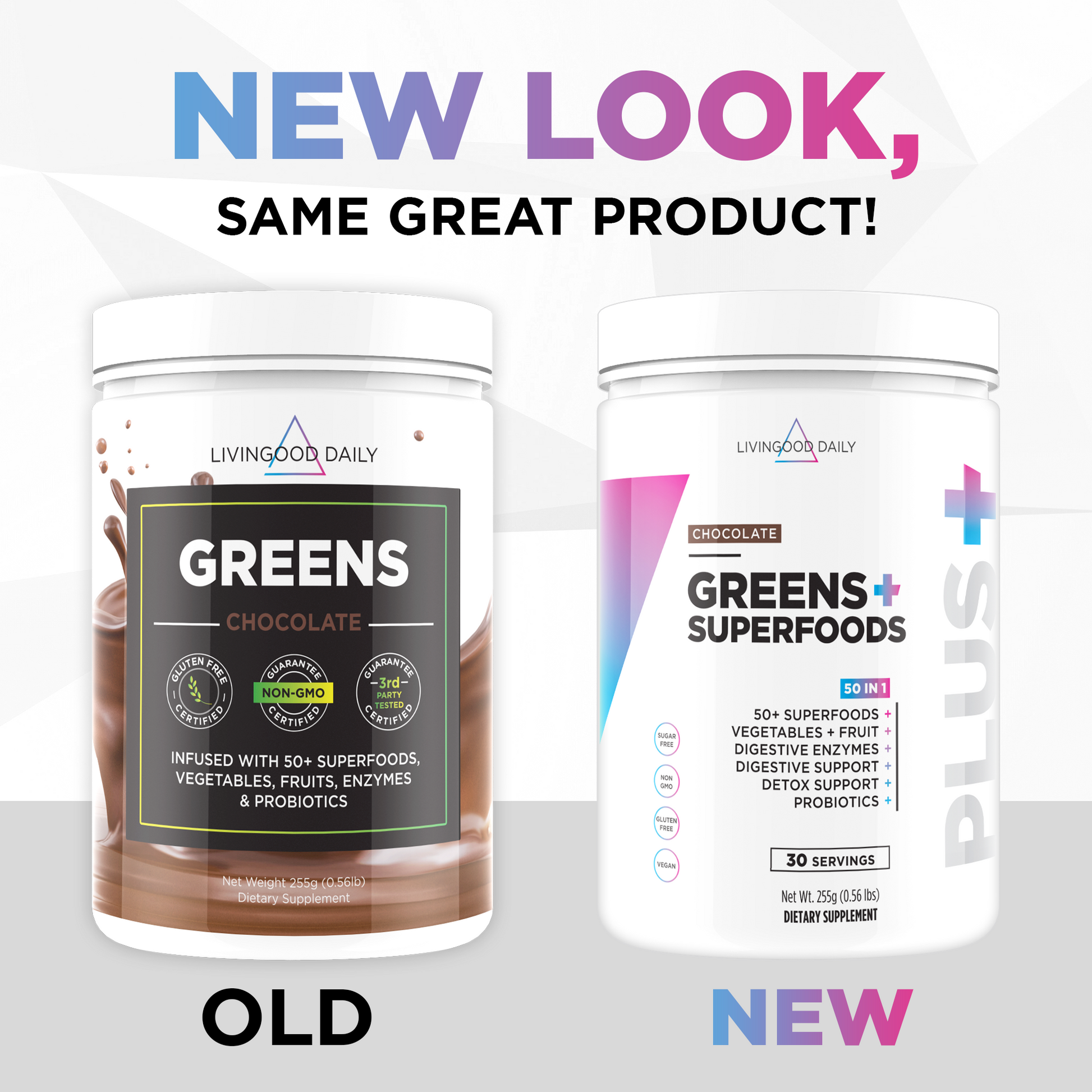 New and old packaging design comparison for Livingood Daily Greens Chocolate dietary supplement