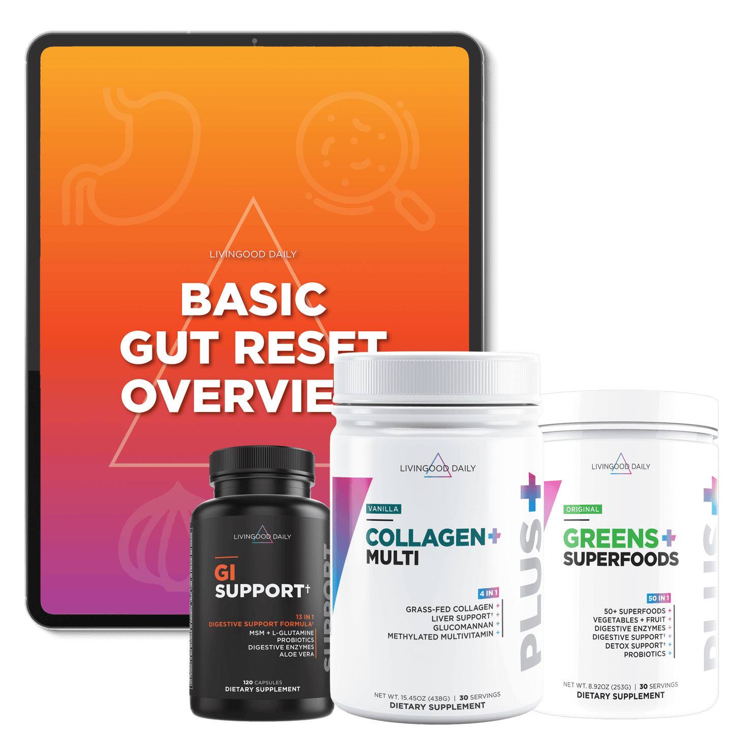 Livingood Daily dietary supplements, GI Support, Collagen Multi, Greens+ Superfoods with Basic Gut Reset Overview tablet display