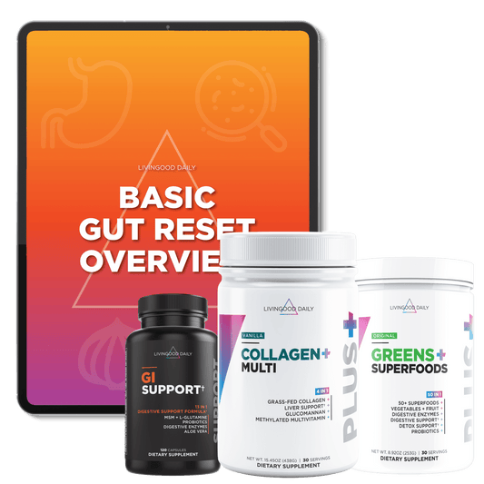 Livingood Daily dietary supplements, GI Support, Collagen Multi, Greens+ Superfoods with Basic Gut Reset Overview tablet display