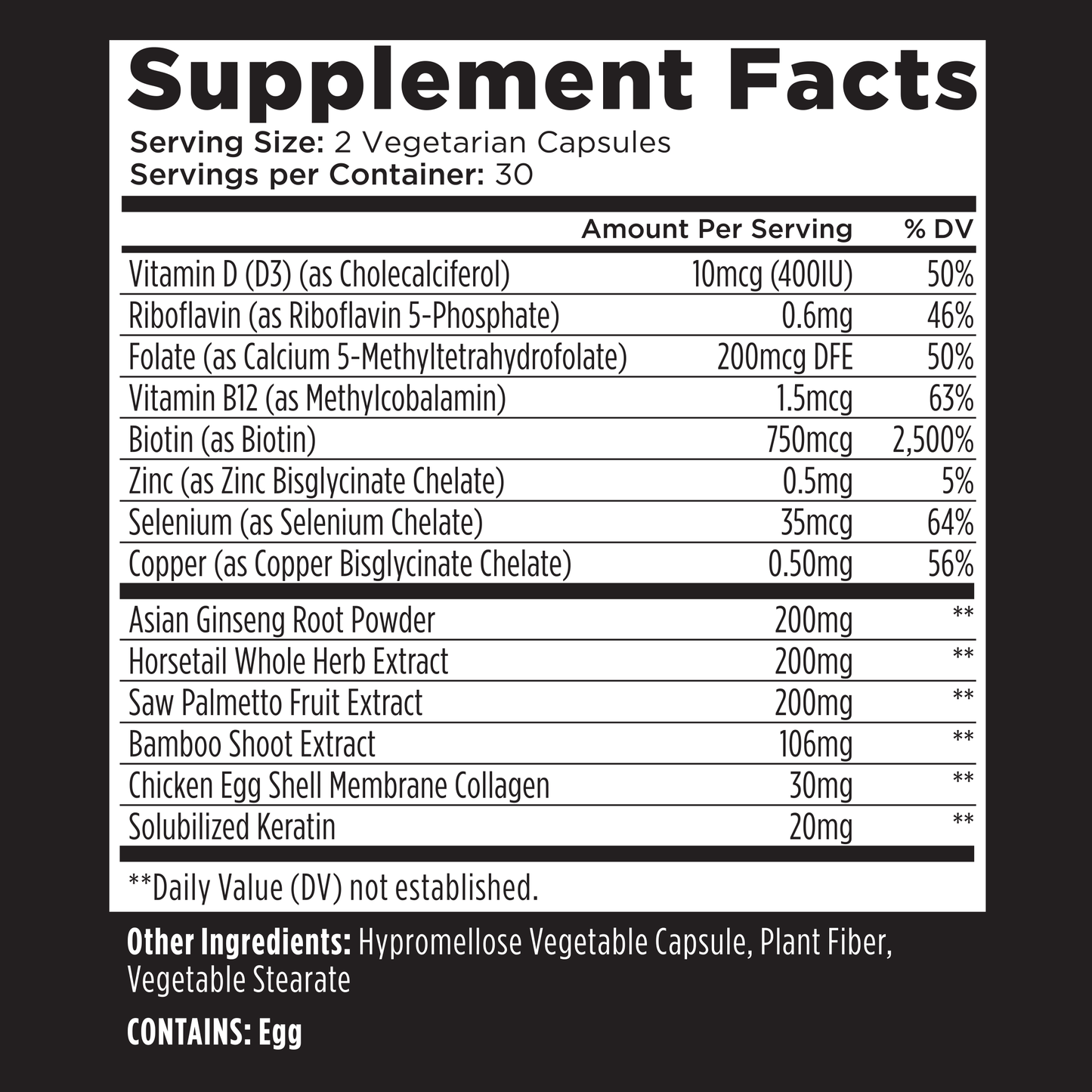 Supplement Facts label showing vitamins and minerals content for vegetarian capsules