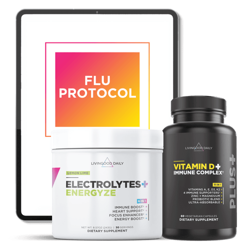 LivingGood Daily supplements, Flu Protocol digital guide, Electrolytes Energize powder, Vitamin D+ Immune Complex capsules
