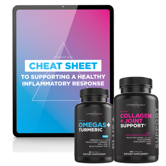 Dietary supplements Omegas and Collagen bottles next to digital cheat sheet for healthy inflammatory response