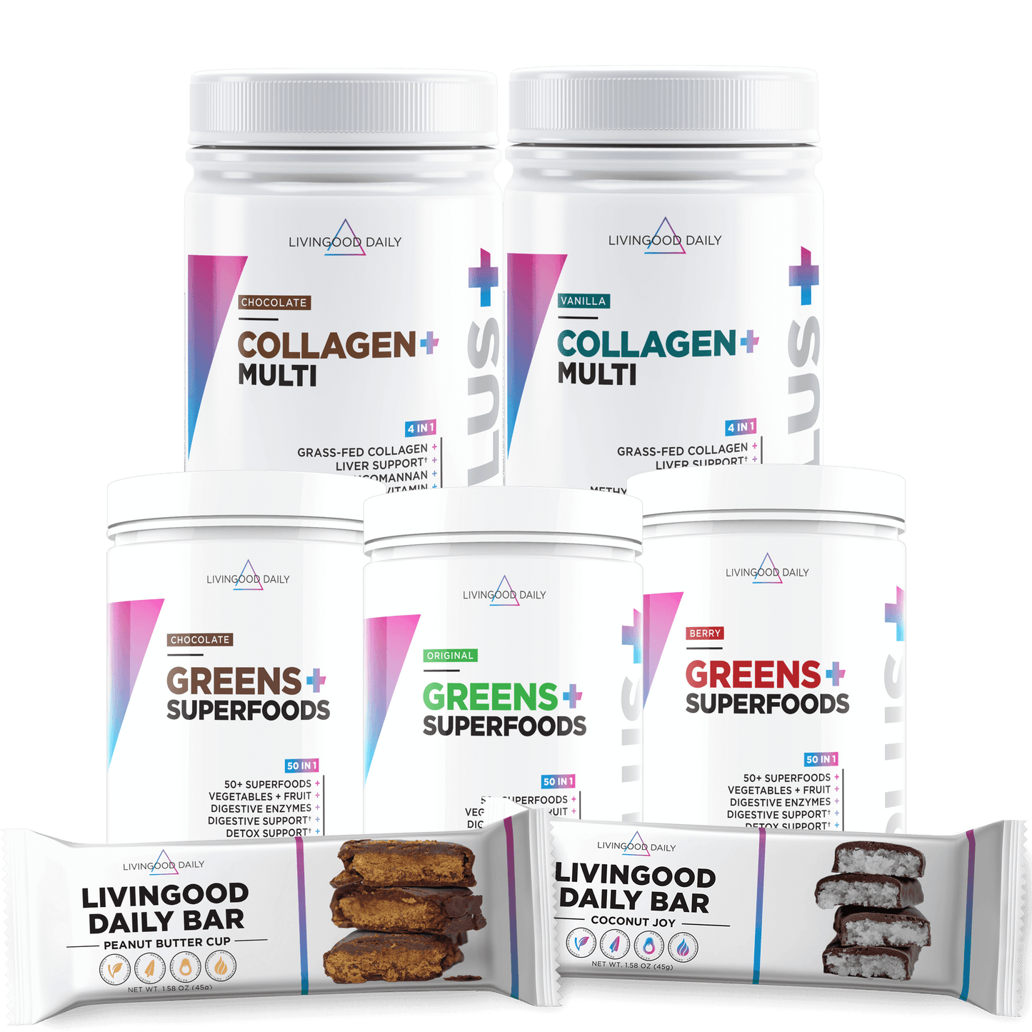 Livingood Daily nutritional supplements collection with Collagen Multi, Greens+ Superfoods, and snack bars.