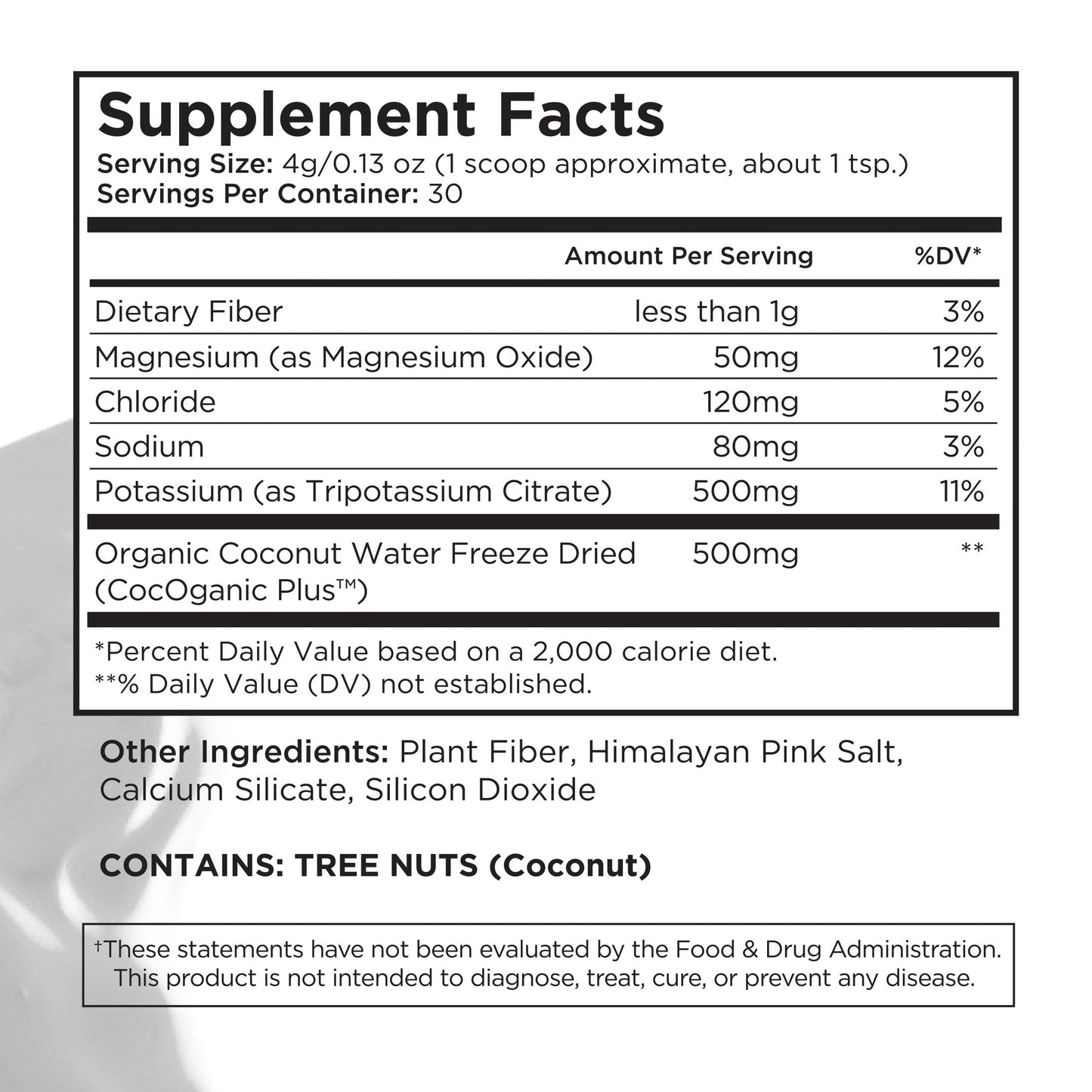 Supplement Nutrition Label Dietary Fiber Magnesium Organic Coconut Water Ingredients Allergen Warning