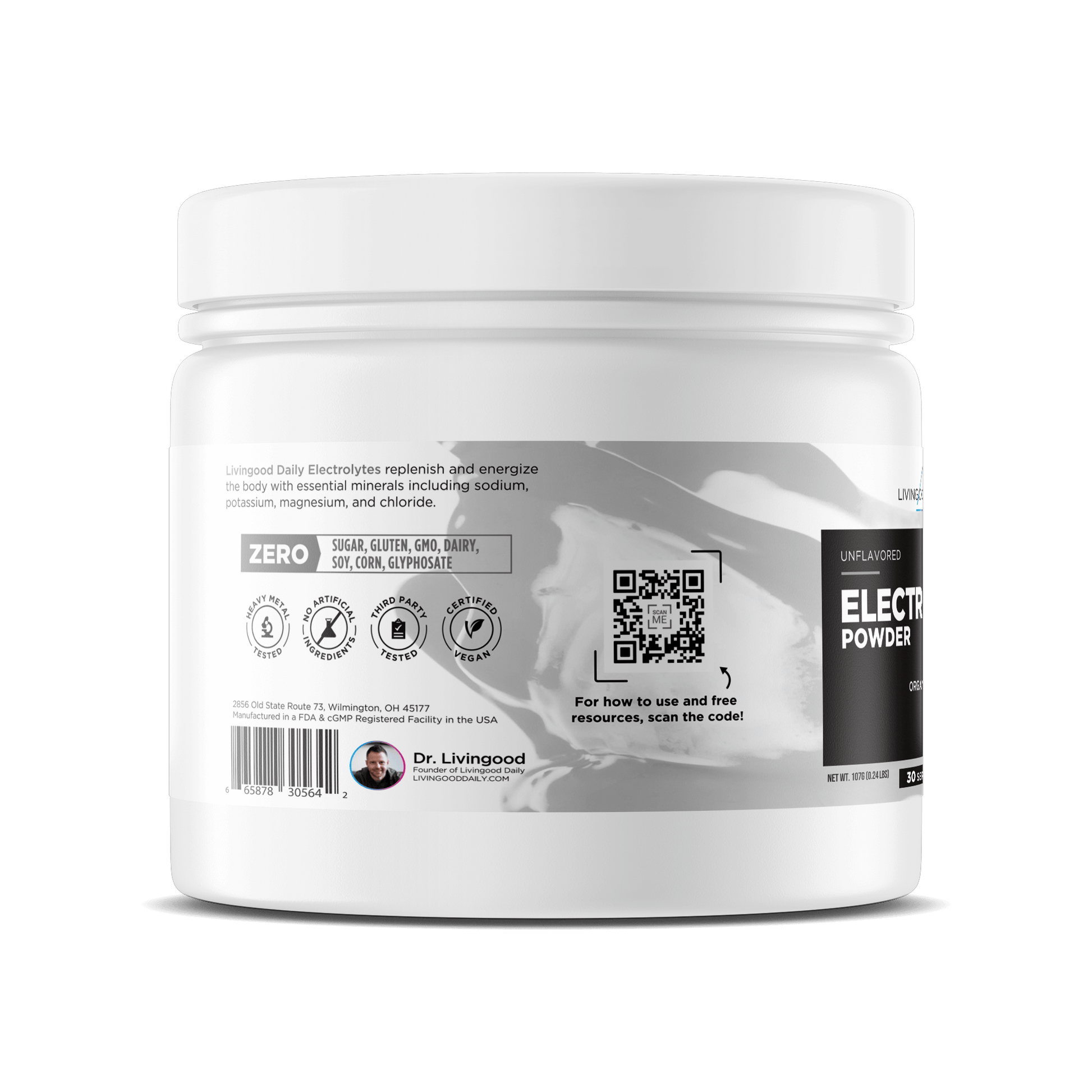 Unflavored electrolyte powder supplement container with essential minerals and QR code.