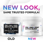 New and old packaging of prebiotic, probiotic and postbiotic blend supplements with text "New Look, Same Trusted Formula"