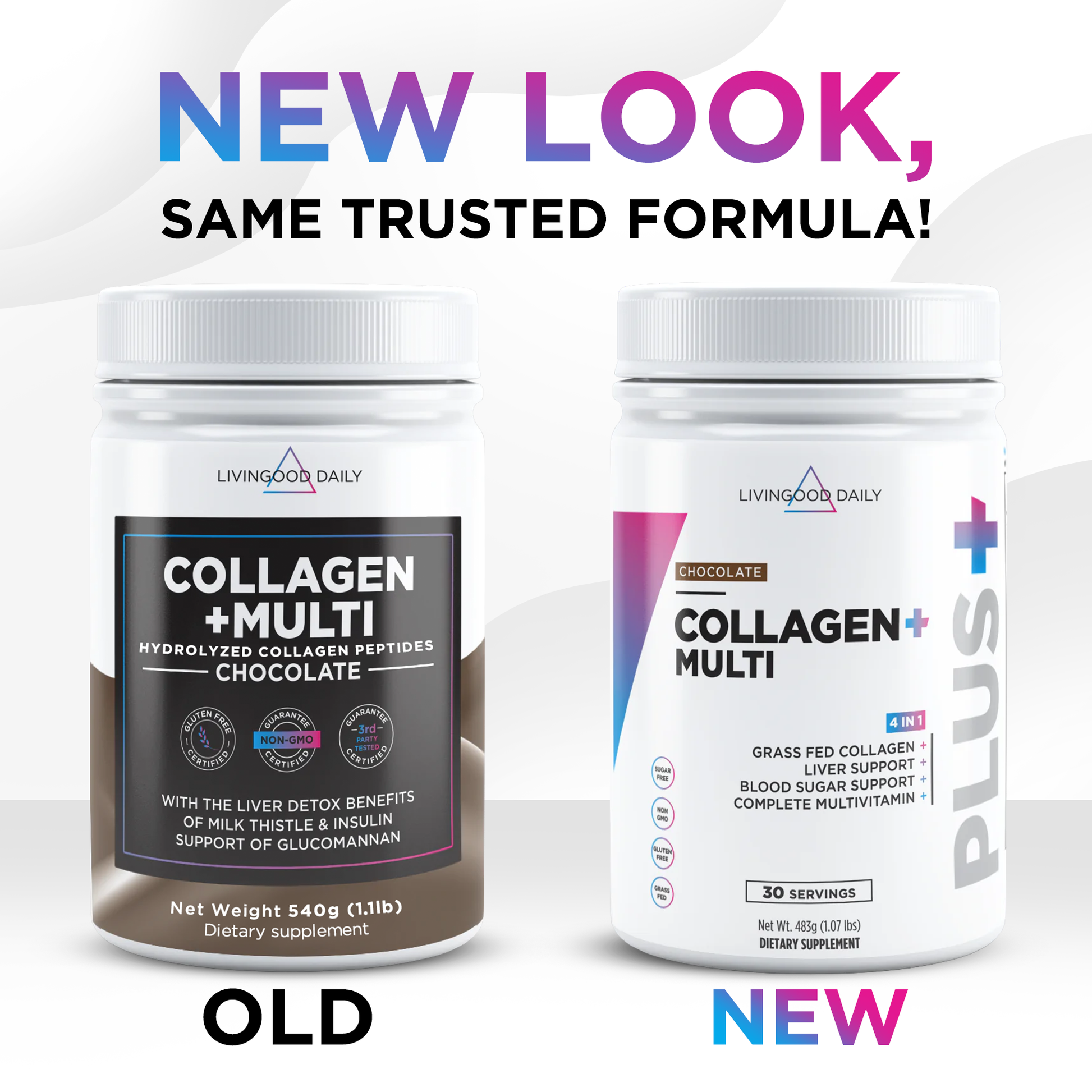 Collagen supplement packaging comparison old versus new Livingood Daily brand with product features.