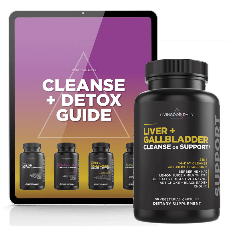 Detox cleanse guide tablet display alongside liver and gallbladder support supplement bottles