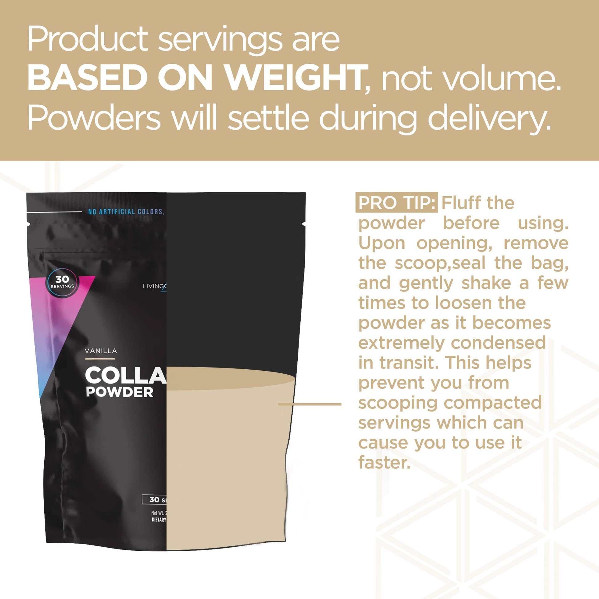 Vanilla collagen powder package based on weight with serving tips.