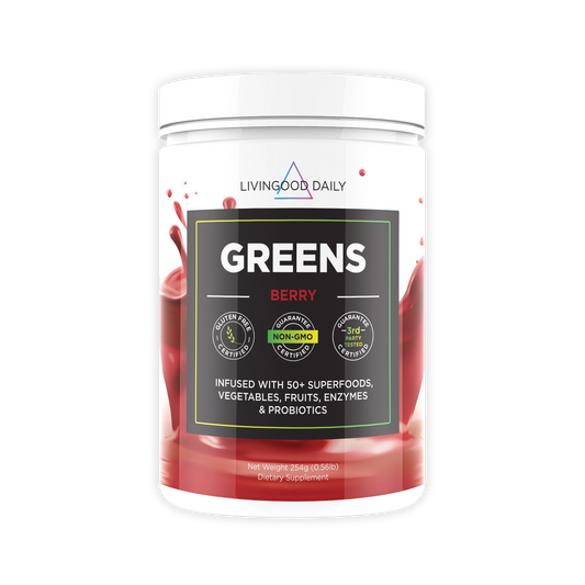 Livingood Daily Greens Berry Supplement Jar Infused with Superfoods Vegetables Fruits Enzymes Probiotics